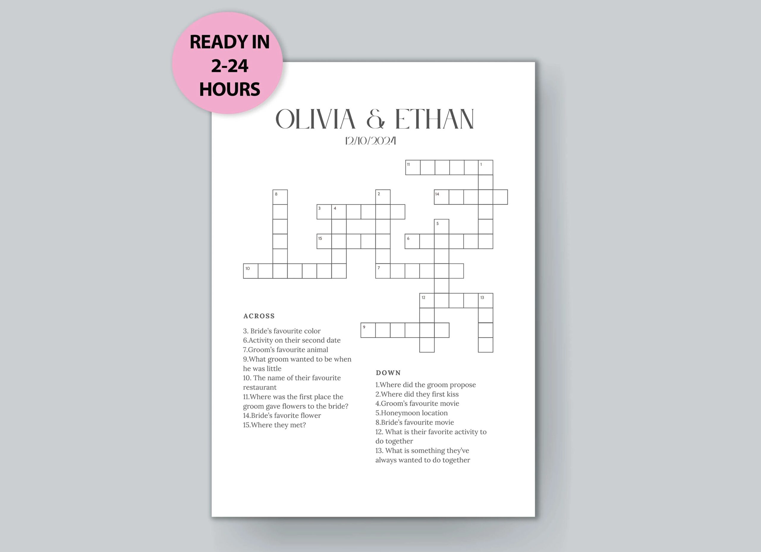 Custom Wedding Crossword Puzzle Sip And Solve Personalized Wedding Activity Lawn Games Wedding Crossword Puzzle Bridal Shower Games Etsy