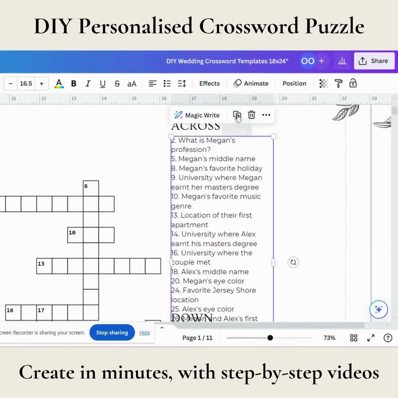 Custom Wedding Crossword Puzzle Template Personalized Bridal Shower Crossword Game Large Sip Solve Puzzle Giant Crossword Puzzle Etsy