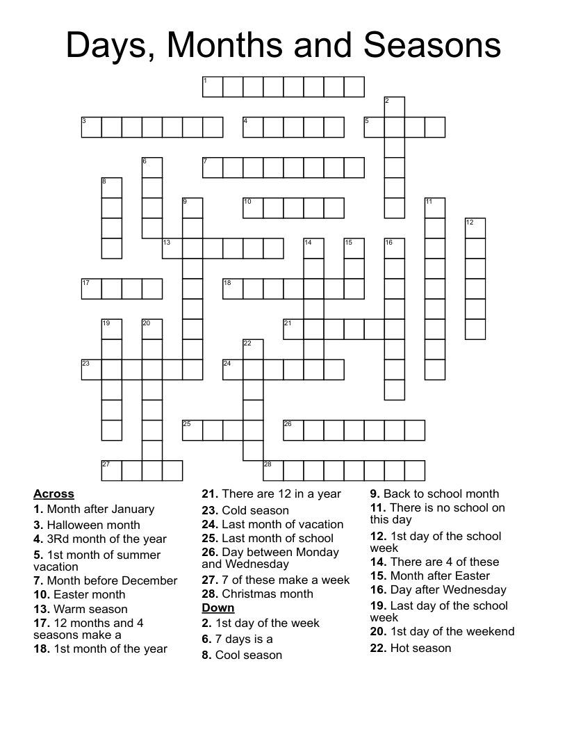 Days Months And Seasons Crossword WordMint Days Months And Seasons Crossword WordMint