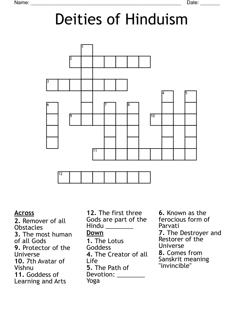 Deities Of Hinduism Crossword WordMint Deities Of Hinduism Crossword WordMint