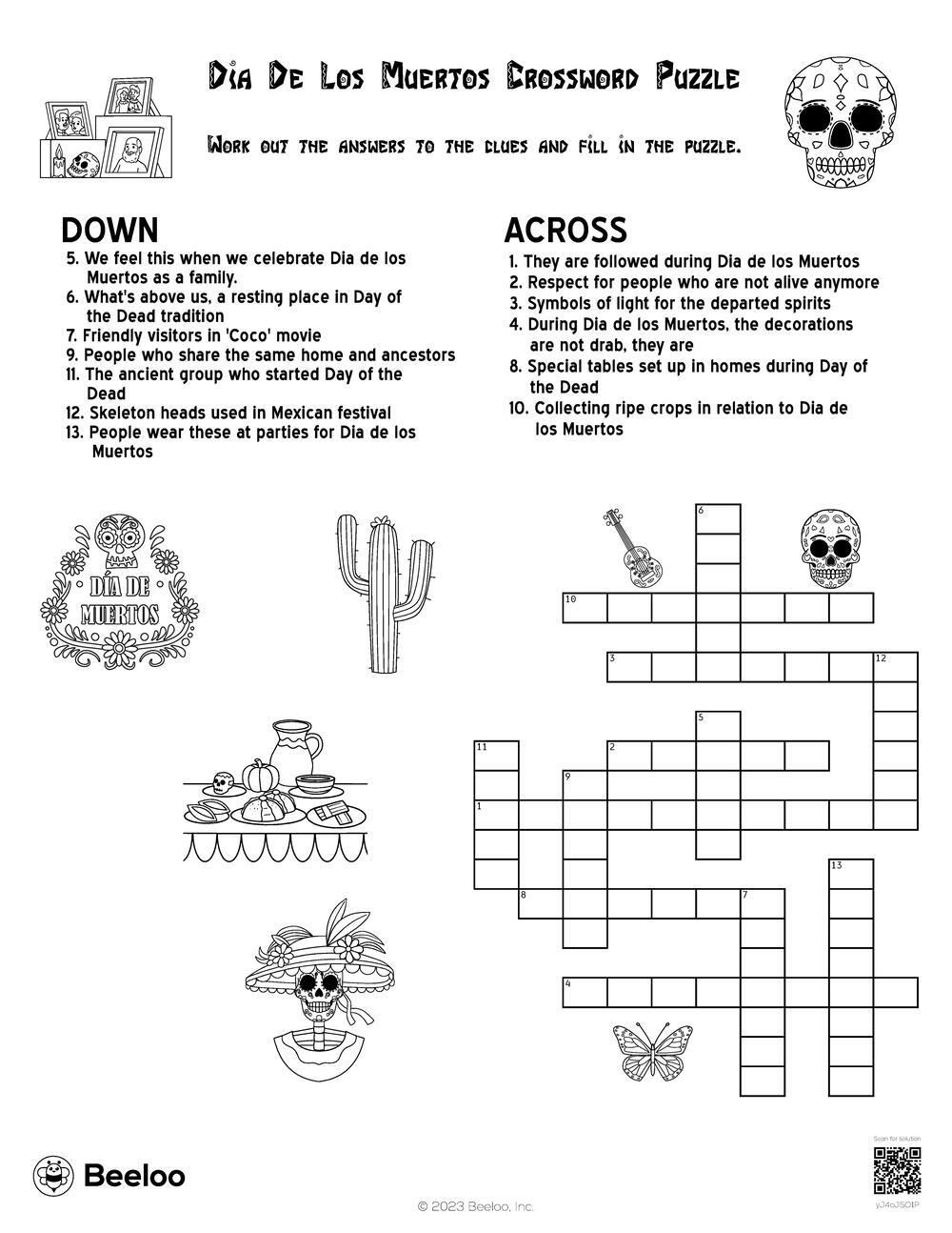 Dia De Los Muertos Crossword Puzzle Beeloo Printable Crafts And Activities For Kids