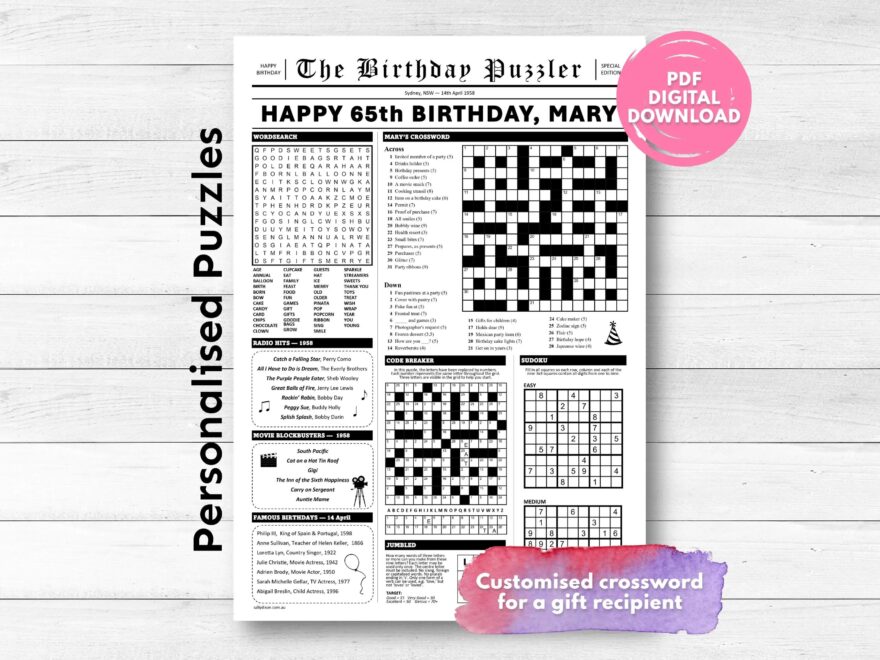 DIGITAL Year You Were Born Personalised Crossword Newspaper Printable A3 Or Tabloid PDF Custom CROSSWORD Puzzle Birthday Gift Etsy