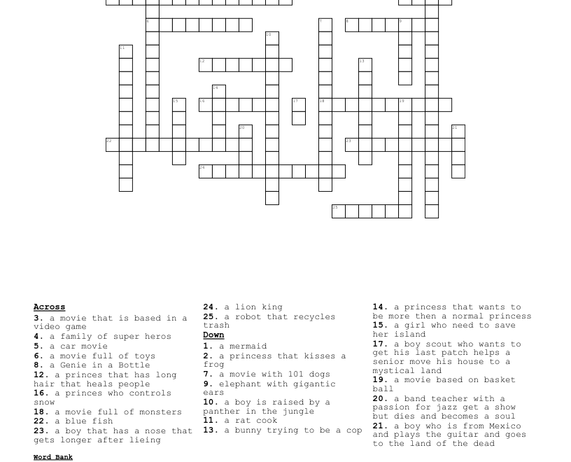 Disney Movies Crossword WordMint