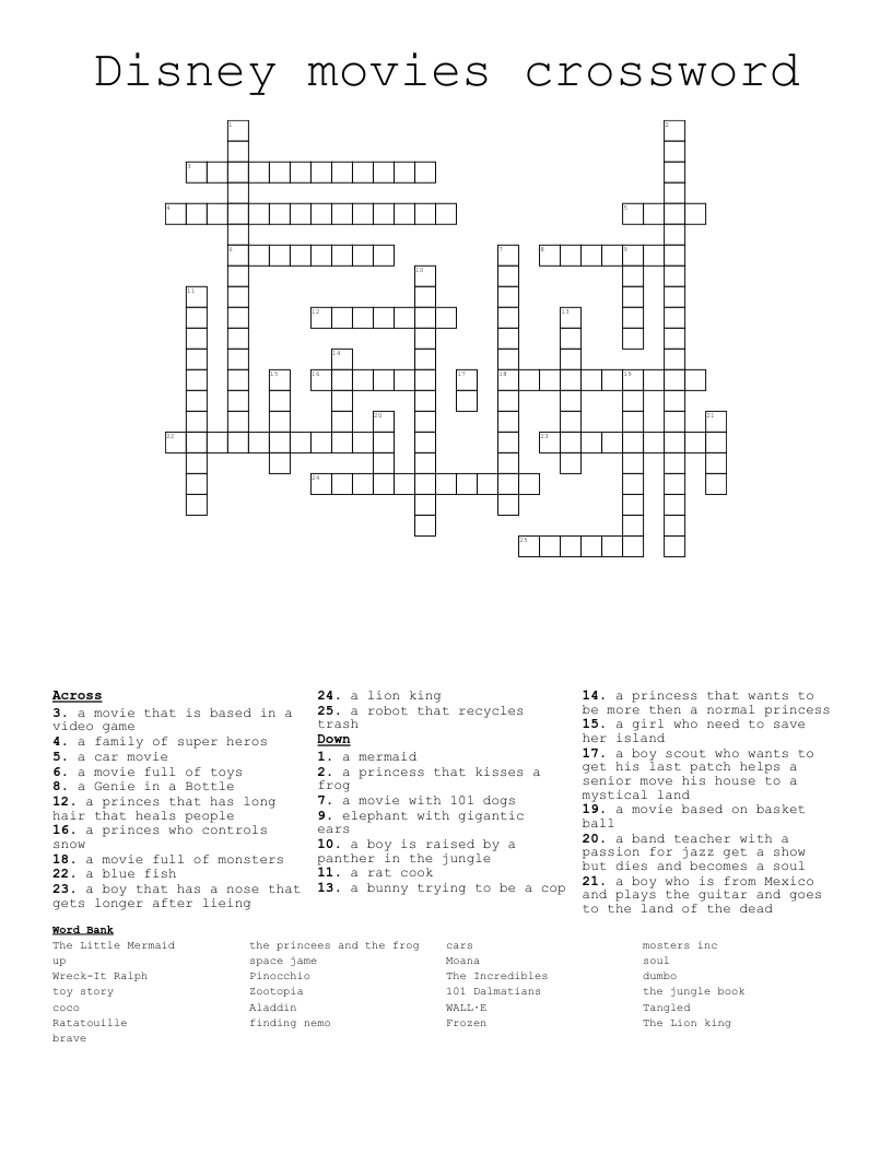Disney Movies Crossword WordMint Disney Movies Crossword WordMint