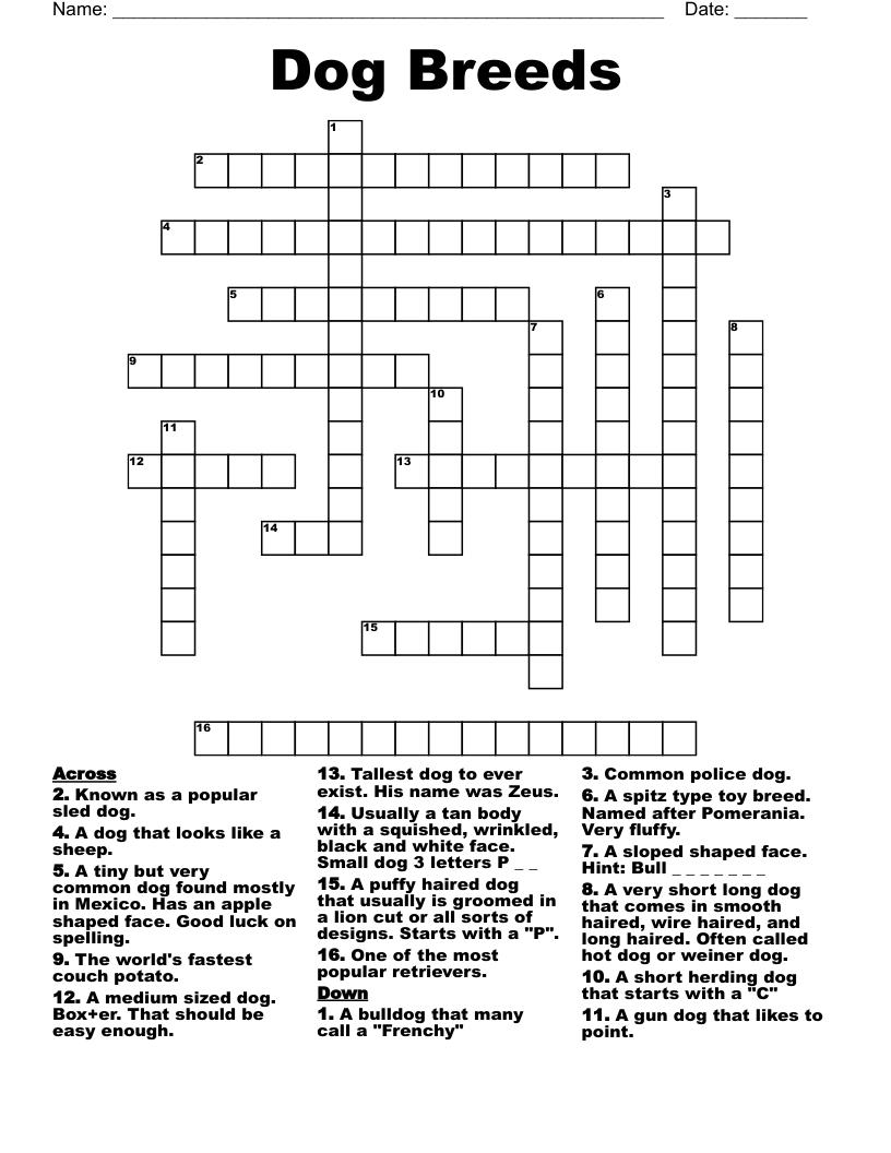Dog Breeds Crossword WordMint Dog Breeds Crossword WordMint