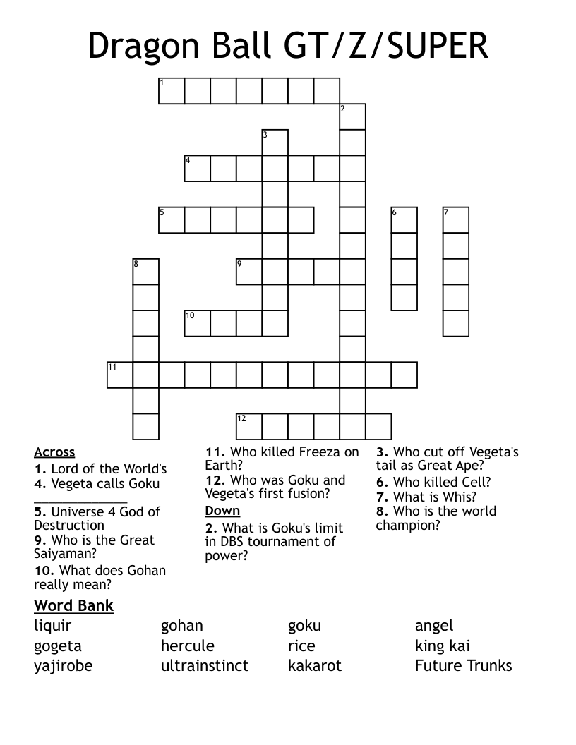 Dragon Ball GT Z SUPER Crossword WordMint