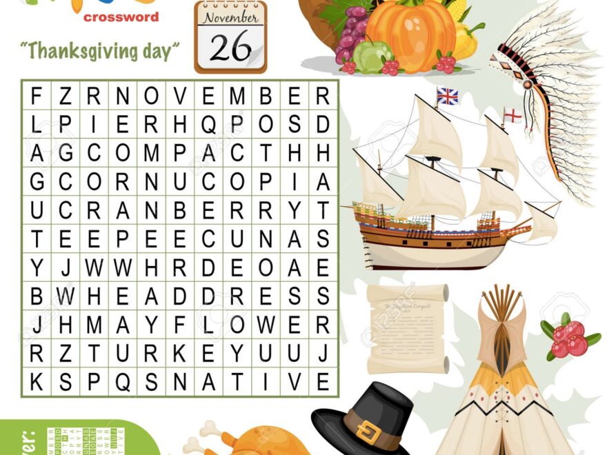 Easy Word Search Crossword Puzzle Thanksgiving Day For Children In Elementary Primary And Middle School Fun Way To Practice Language Comprehension And Expand Vocabulary Includes Answers Royalty Free SVG Cliparts Vectors And