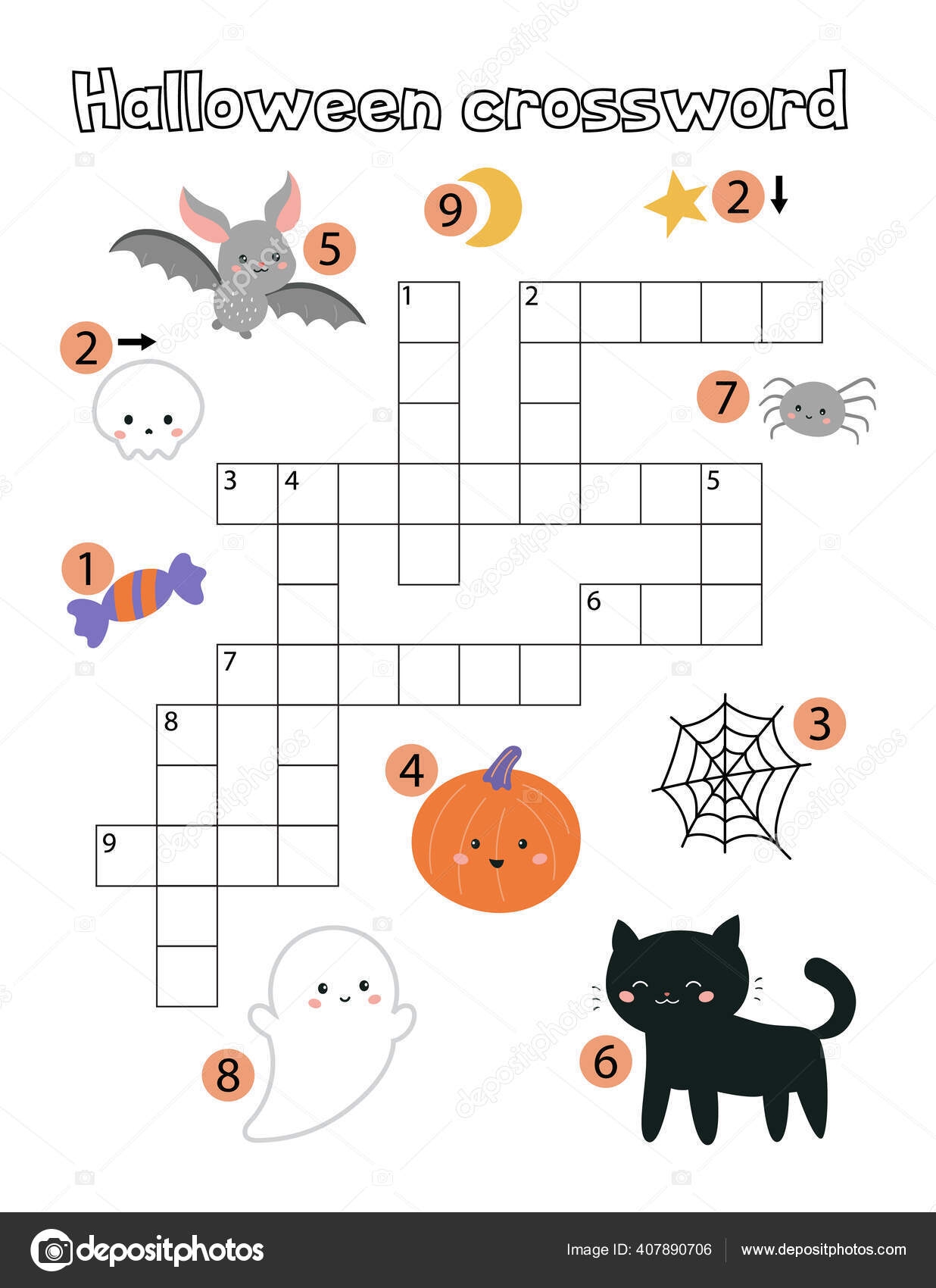 Educational Children Game Halloween Crossword For Children Learning English Language Vocabulary Printable Worksheet Cute Cartoon Ghost Pumpkin Black Cat Bat And Spider Stock Vector By kristina0702 407890706