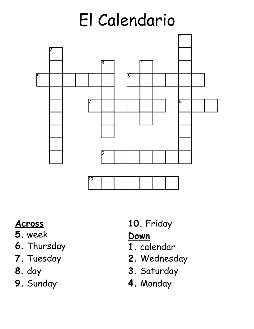 El Calendario Crossword WordMint El Calendario Crossword WordMint