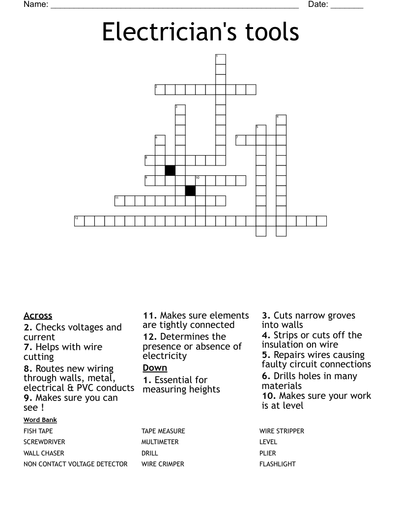 Electrician s Tools Crossword WordMint