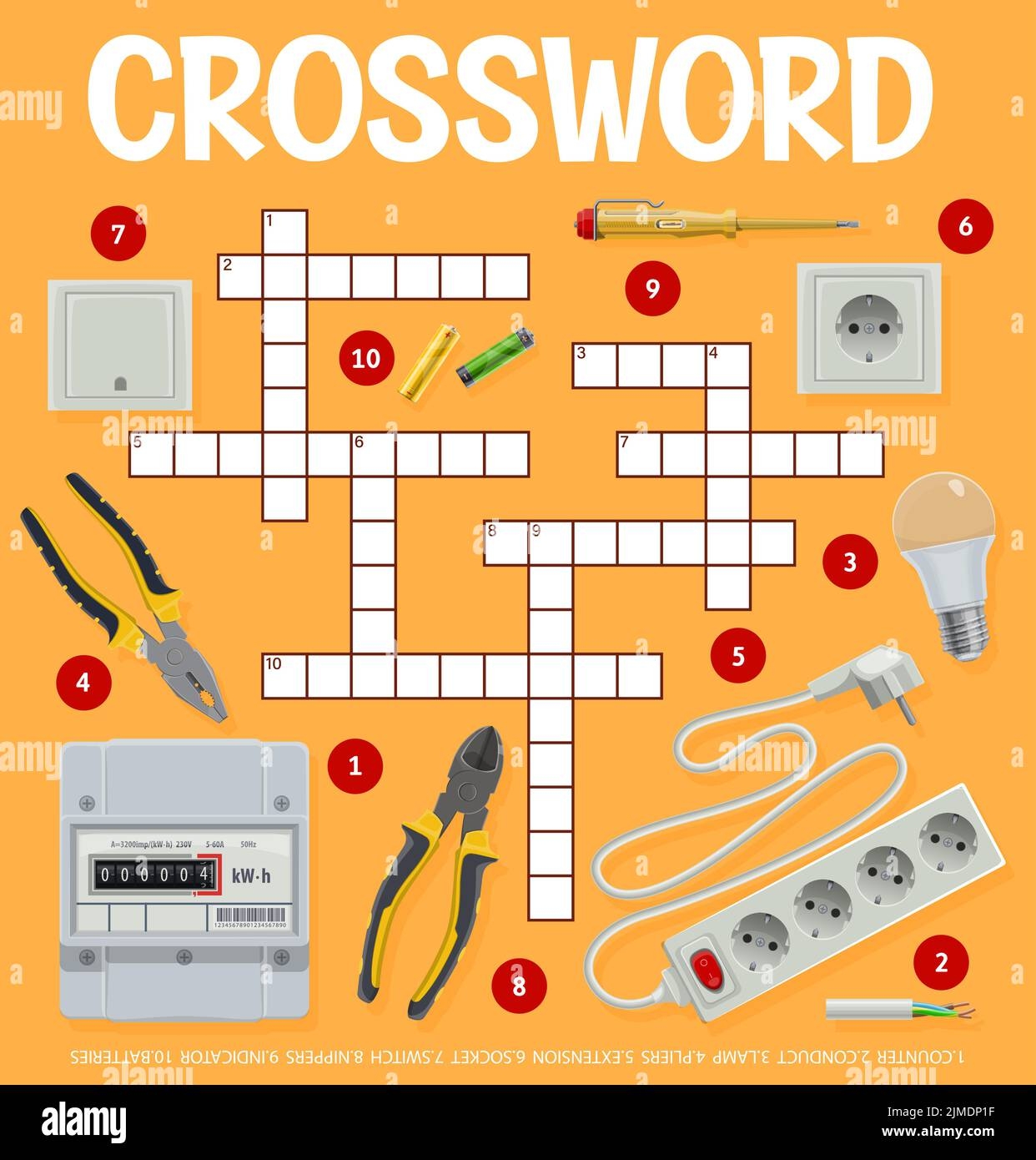 Electrician Tools And Equipment Crossword Grid Find Word Quiz Game Vector Worksheet Crossword Puzzle To Guess Words Of Electrician Tools Lamp Bulb And Electricity Indicator Battery And Socket Stock Vector Image 
