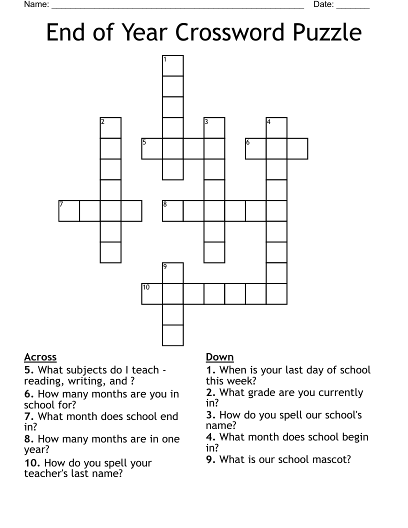 End Of Year Crossword Puzzle WordMint