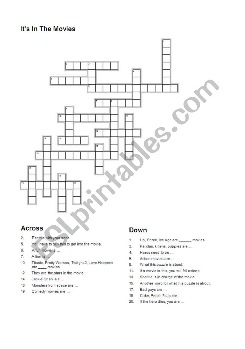 English Worksheets It s In The Movies Crossword Puzzle