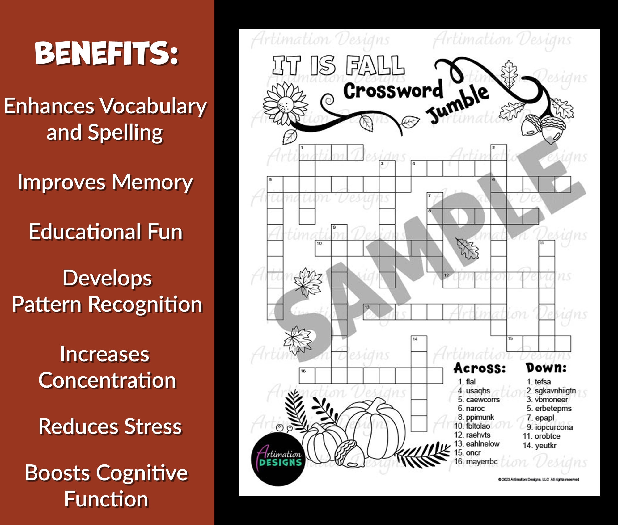 Fall Crossword Puzzle Autumn Word Scramble Word Game Brain Break Activity Classful