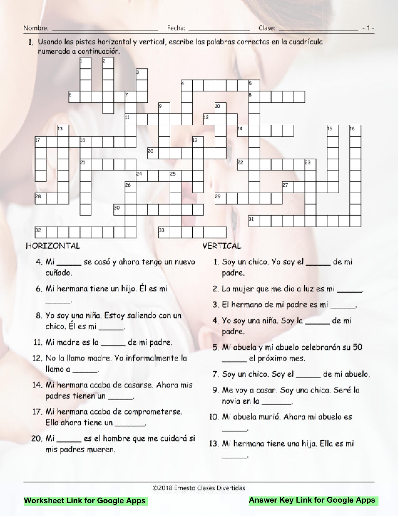 Printable Spanish Family Crossword Puzzle