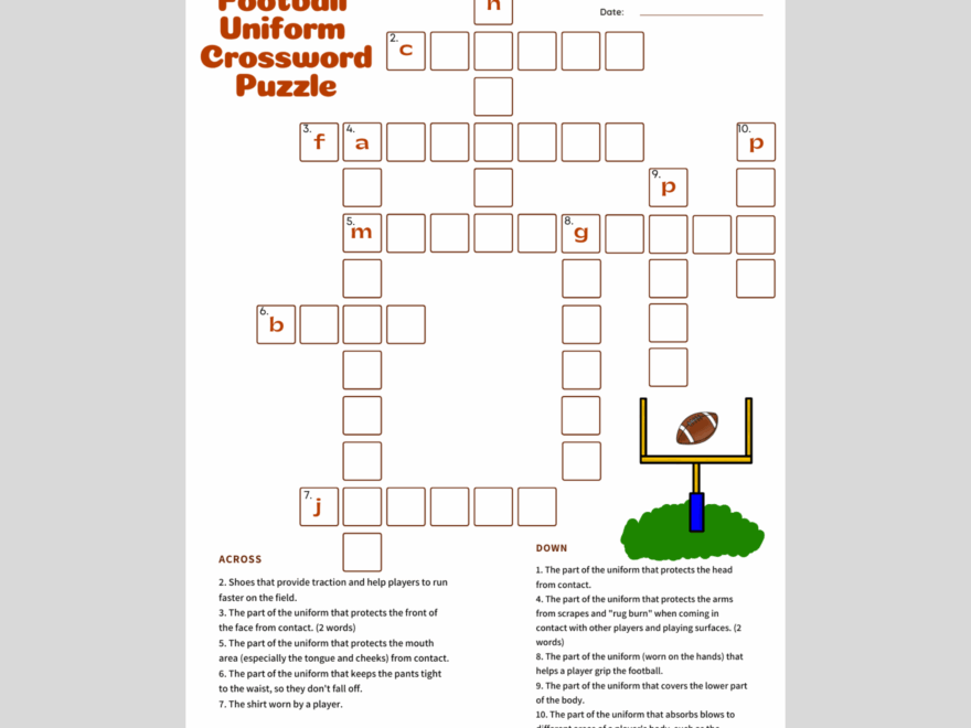 Football Uniform Crossword Puzzle includes Answer Key Reading And Writing Incentive Classful