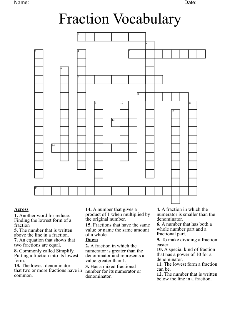 Printable Crossword Puzzle For Fractions Printable Crossword Puzzle For Fractions