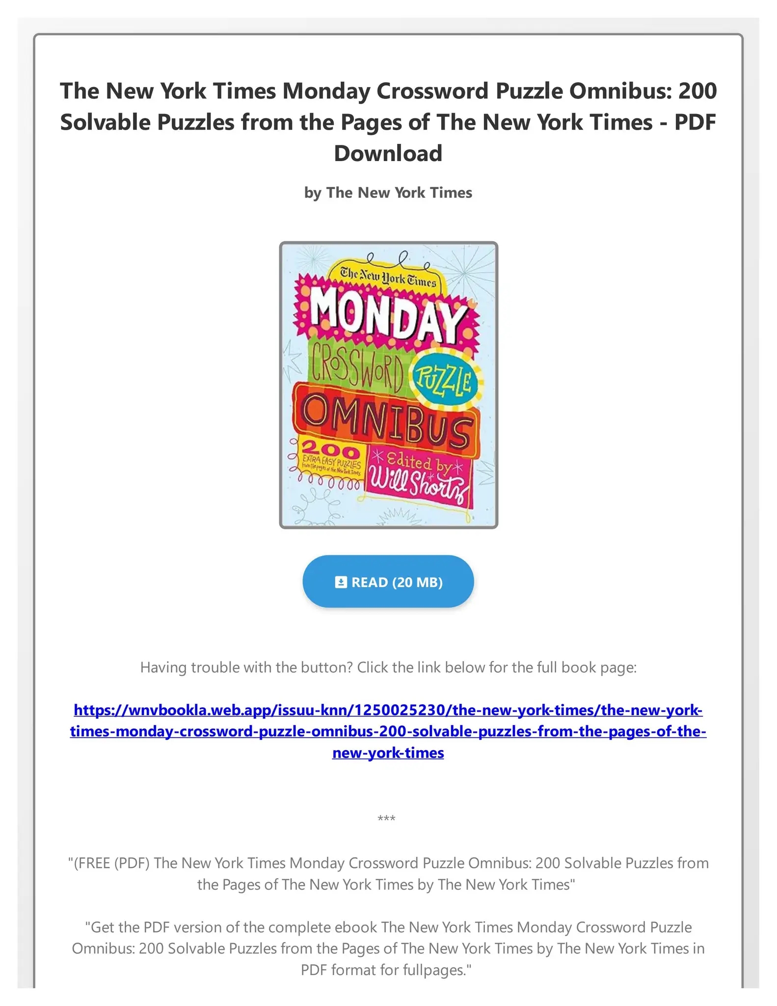 FREE PDF The New York Times Monday Crossword Puzzle Omnibus 200 Solvable Puzzles From The Pages By LeoniePourosim Issuu