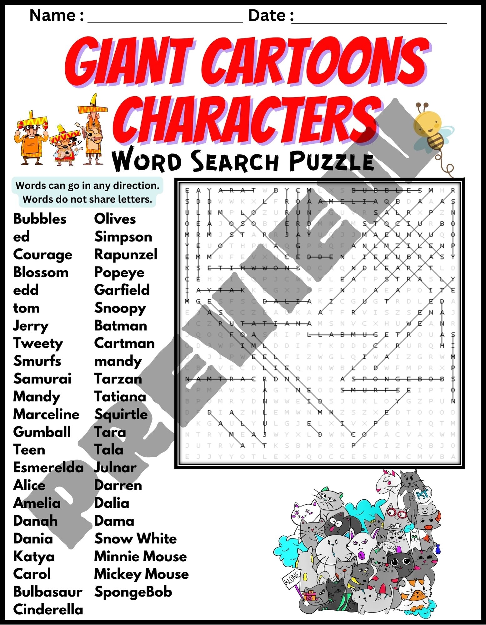 GIANT CARTOONS CHARACTERS Word Search Puzzle Worksheet Activity Made By Teachers
