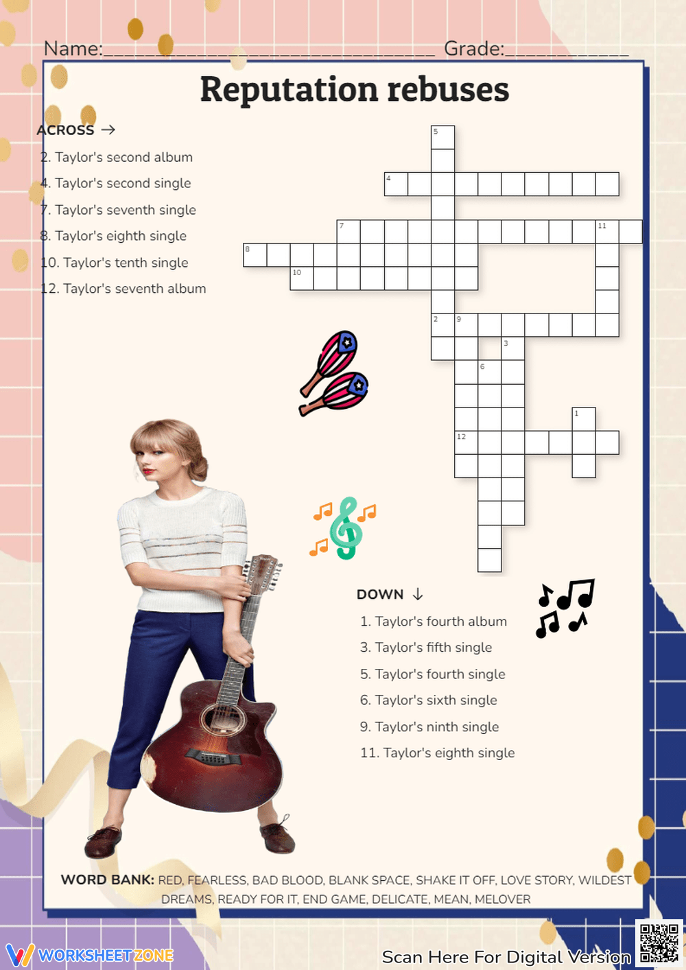 Grade 1 Taylor Swift Crossword Worksheets Printable Grade 1 Taylor Swift Crossword Worksheets Printable