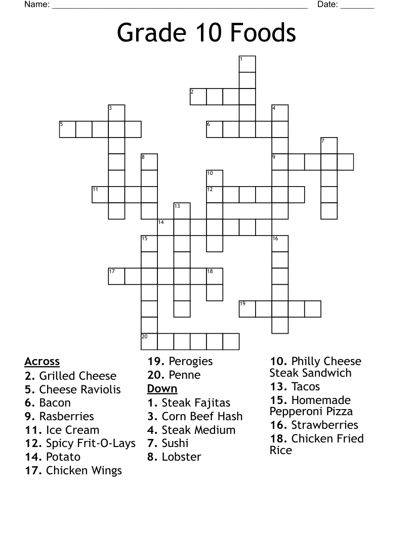 Grade 10 Foods Crossword WordMint Grade 10 Foods Crossword WordMint