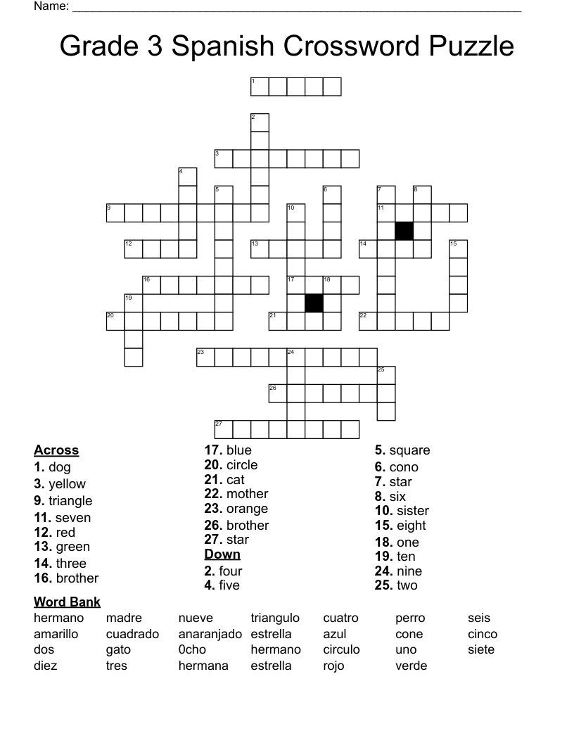 Grade 3 Spanish Crossword Puzzle WordMint Grade 3 Spanish Crossword Puzzle WordMint