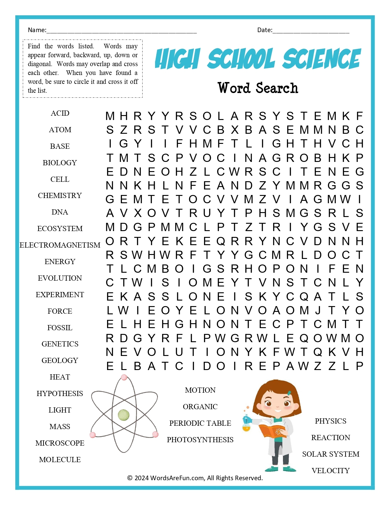 High School Science Word Search High School Science Word Search