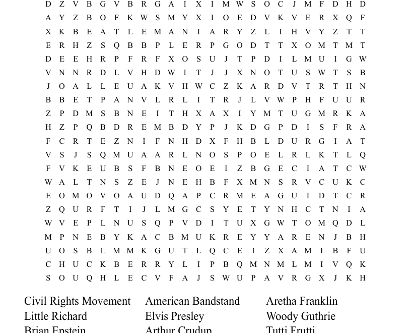 History Of Rock And Roll Word Search WordMint