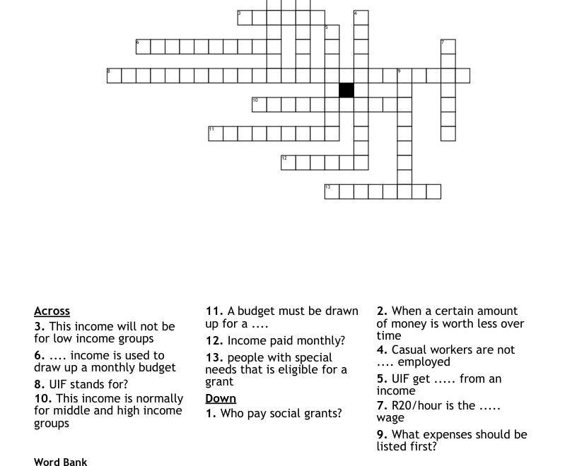 Income And Expenditure Crossword WordMint