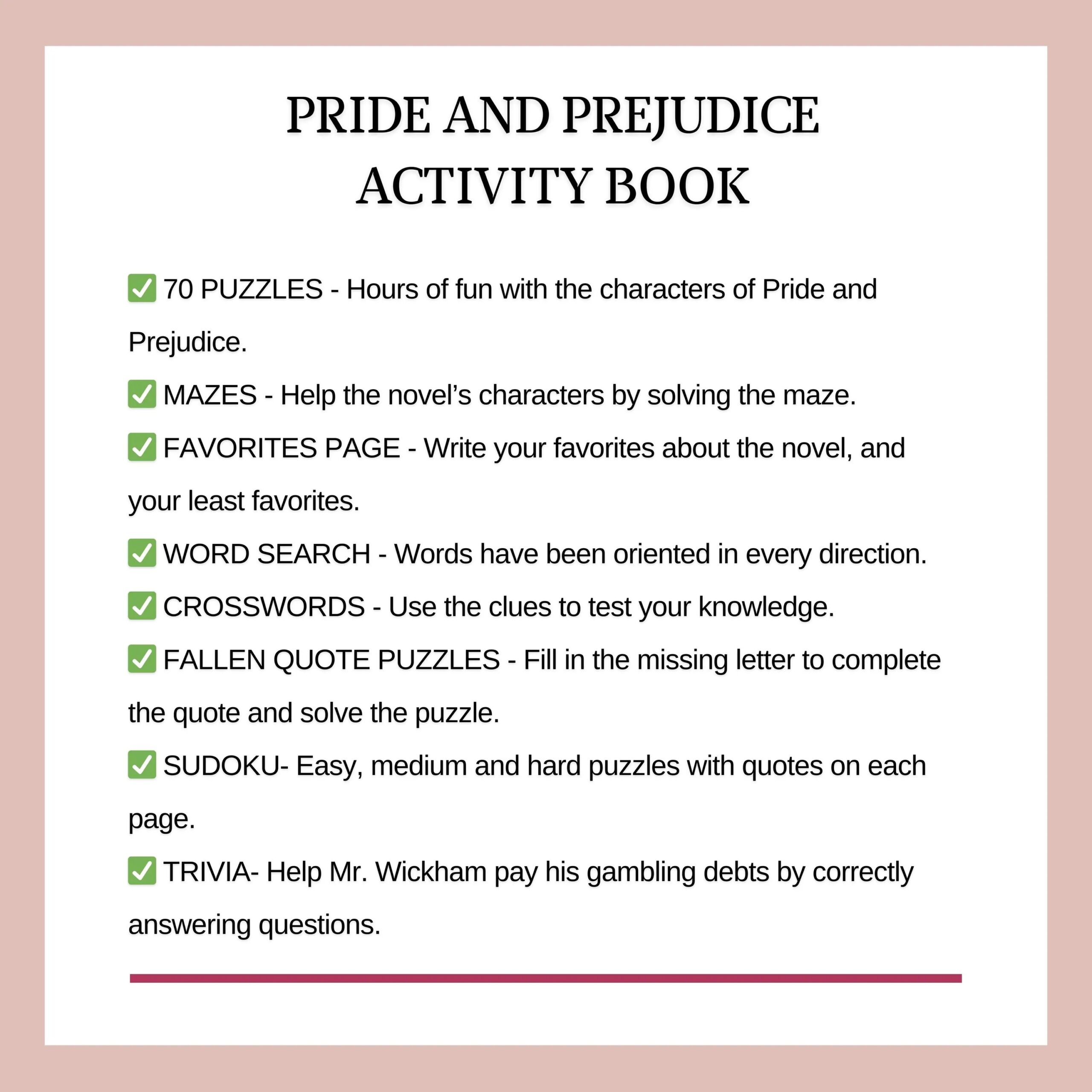 Jane Austen Pride And Prejudice Activity Book Word Search Crossword Puzzles Trivia Unscramble Words Sudoku Puzzles For Book Lover Fans Etsy Finland