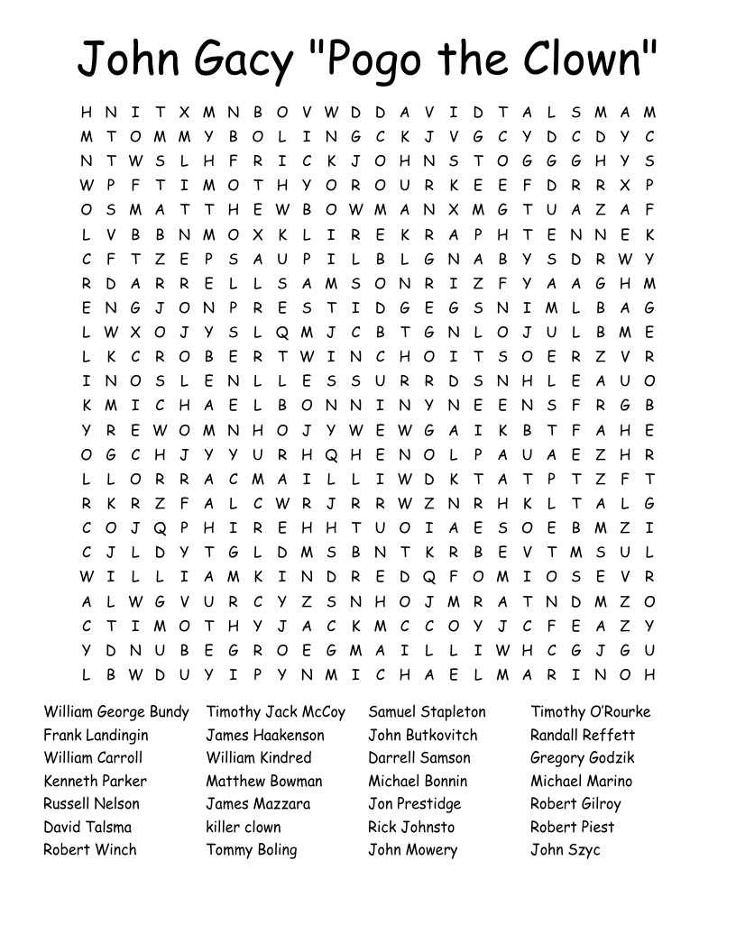 John Gacy Pogo The Clown Word Search WordMint