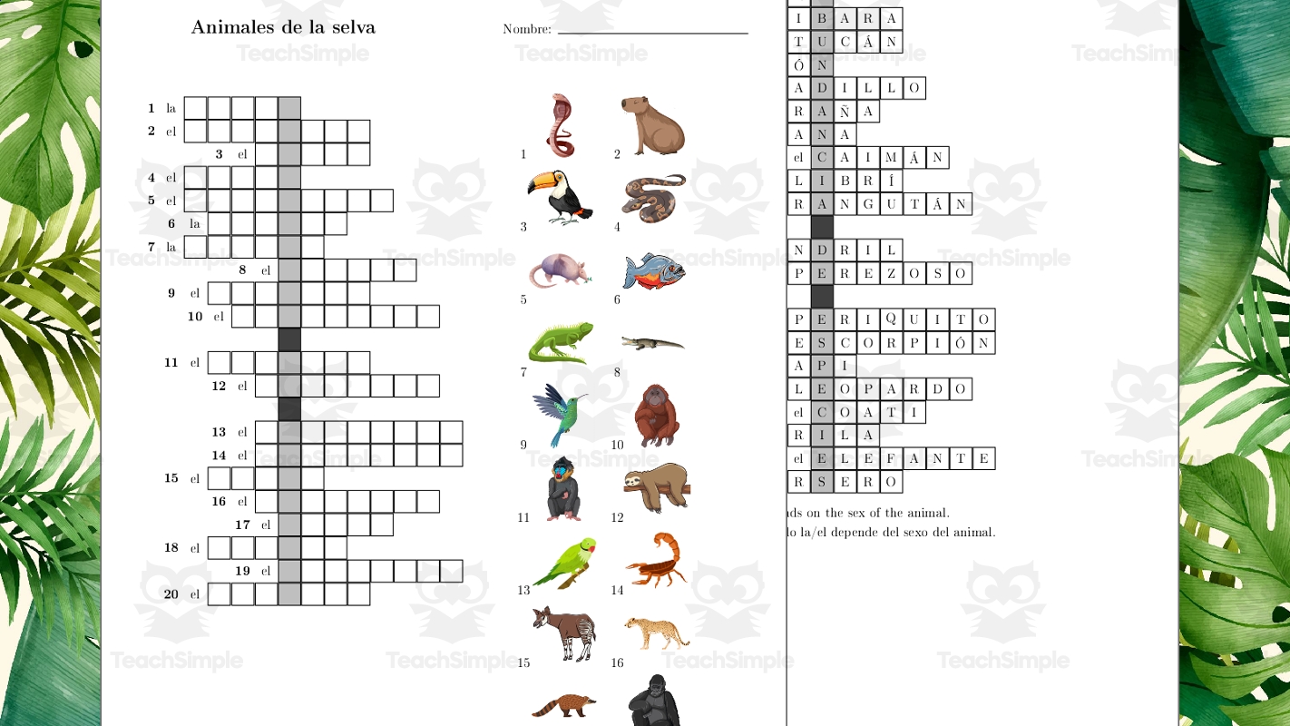 Jungle Animals Crossword In Spanish Animales De La Selva By Teach Simple Jungle Animals Crossword In Spanish Animales De La Selva By Teach Simple