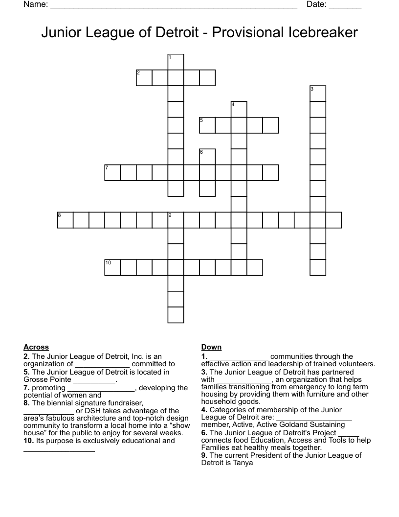 Junior League Of Detroit Provisional Icebreaker Crossword WordMint Junior League Of Detroit Provisional Icebreaker Crossword WordMint