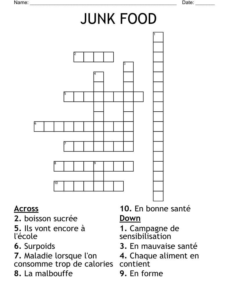 JUNK FOOD Crossword WordMint JUNK FOOD Crossword WordMint