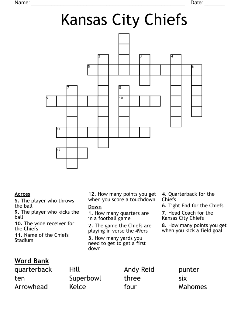 Kansas City Chiefs Crossword WordMint Kansas City Chiefs Crossword WordMint