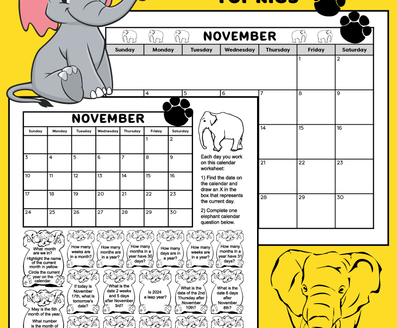 Kids Printable Calendar Worksheet For November 2025