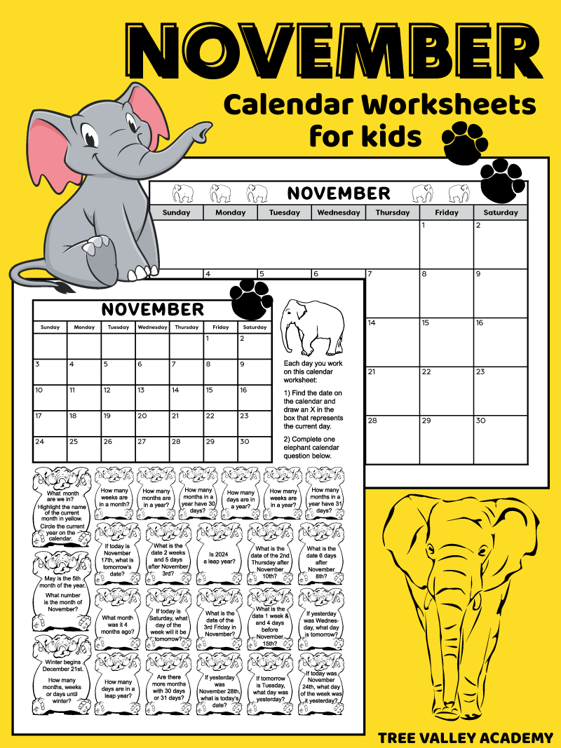 Kids Printable Calendar Worksheet For November 2025 Kids Printable Calendar Worksheet For November 2025