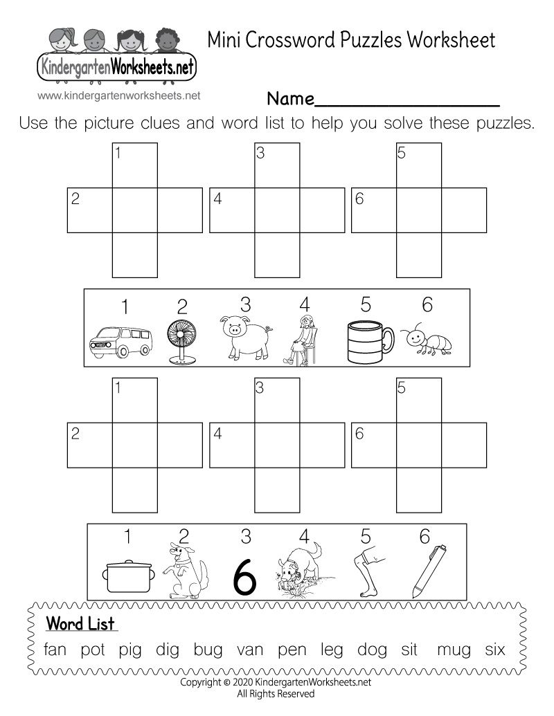 Kindergarten Crossword Puzzles Worksheet