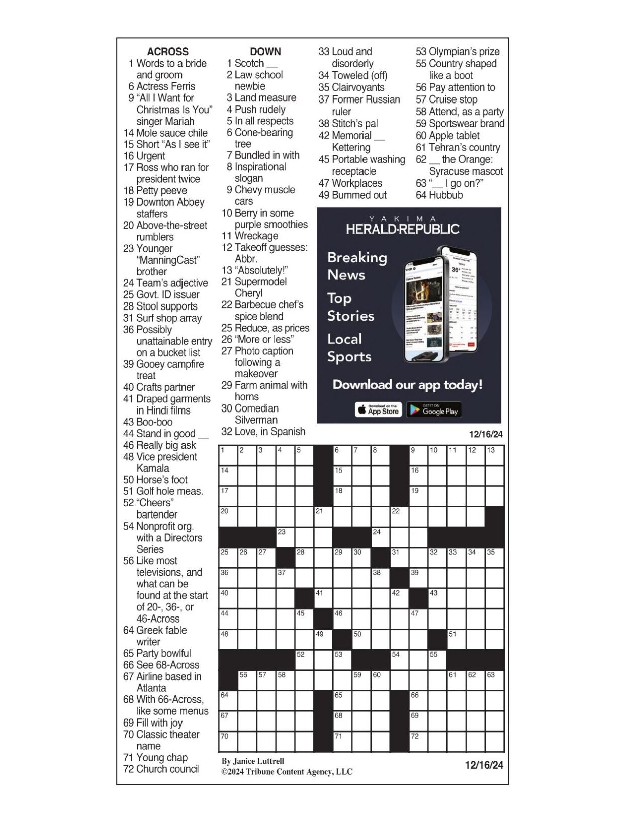 LA Times Crossword Dec 16 2024 Crosswords Yakimaherald LA Times Crossword Dec 16 2024 Crosswords Yakimaherald