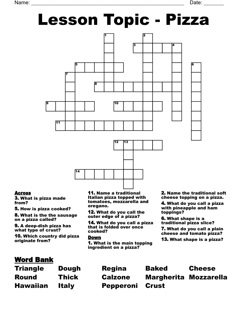 Lesson Topic Pizza Crossword WordMint Lesson Topic Pizza Crossword WordMint