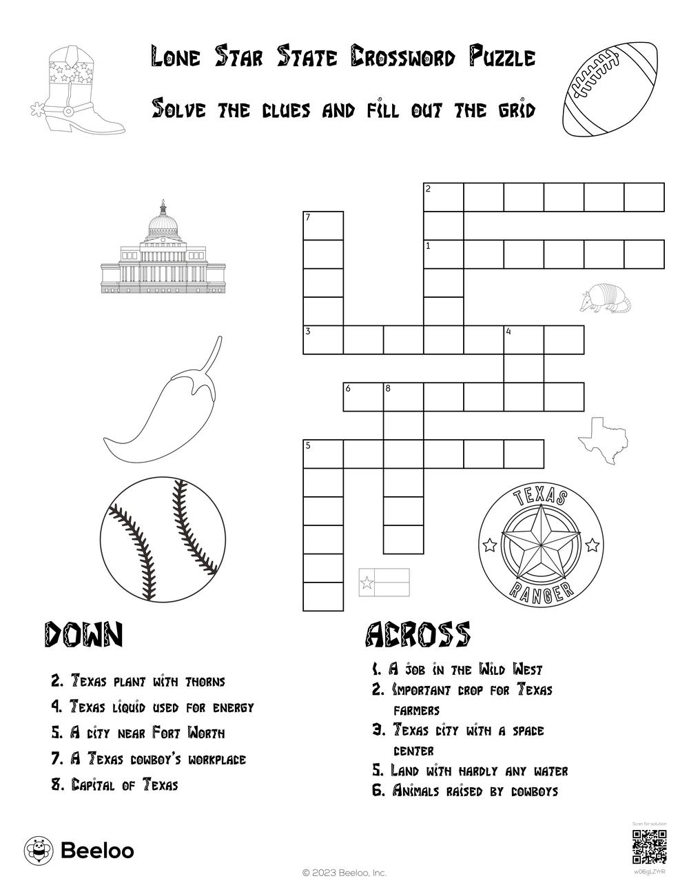 Lone Star State Crossword Puzzle Beeloo Printable Crafts And Activities For Kids