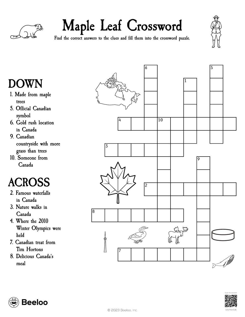 Maple Leaf Crossword Beeloo Printable Crafts And Activities For Kids Maple Leaf Crossword Beeloo Printable Crafts And Activities For Kids