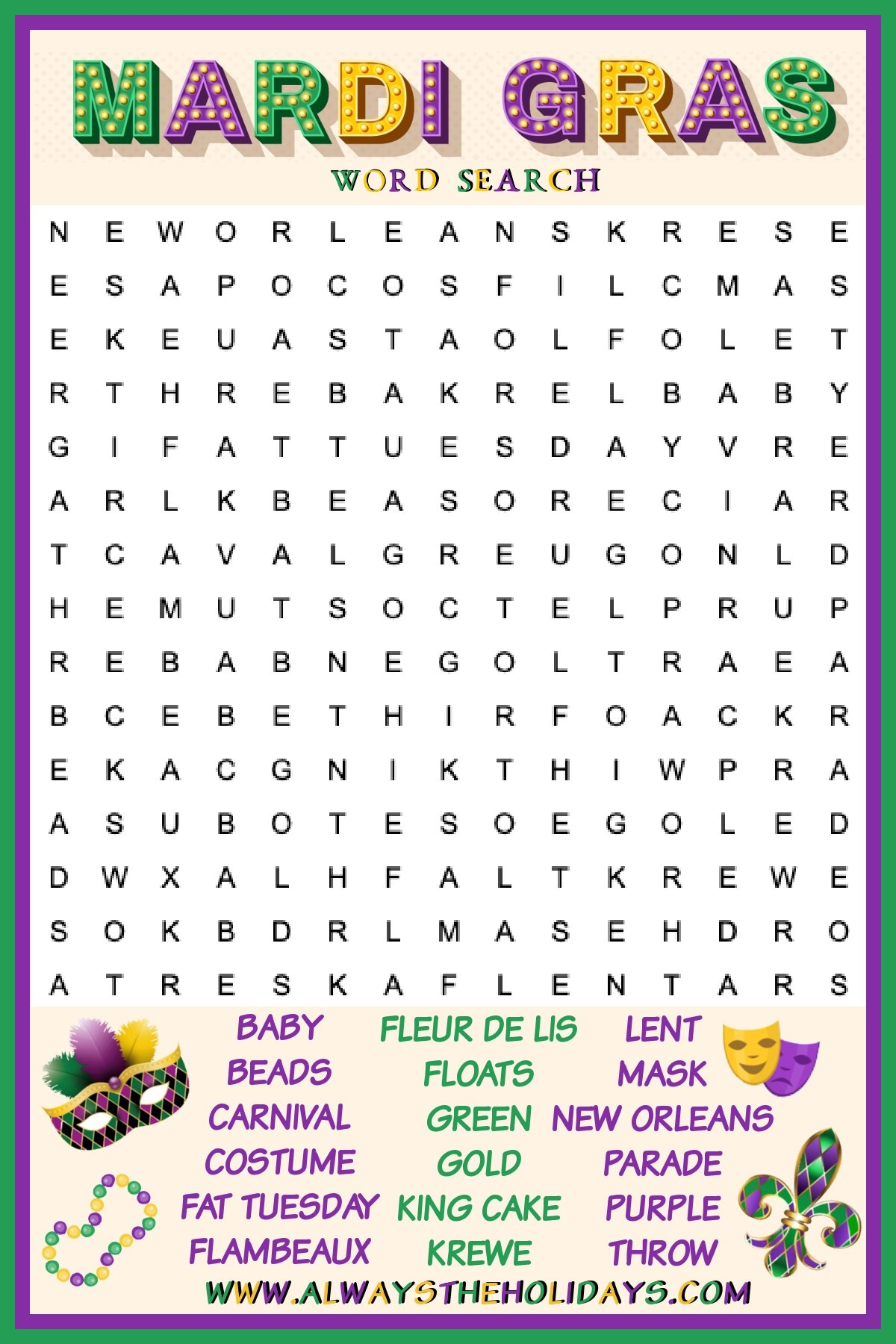 Mardi Gras Crossword Puzzle Printable Mardi Gras Crossword Puzzle Printable