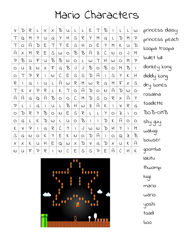 Mario Characters Word Search WordMint Mario Characters Word Search WordMint