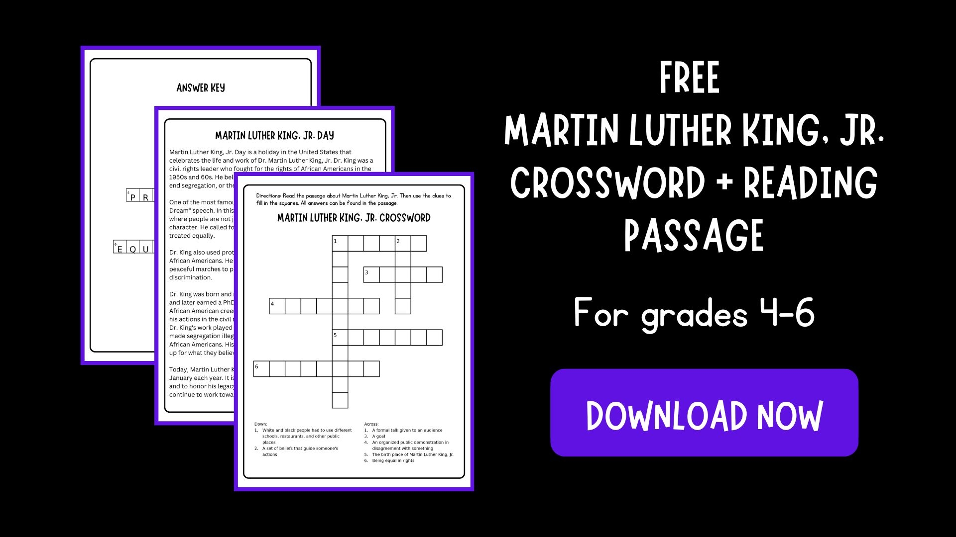 Martin Luther King Jr Crossword Puzzle With Reading Passage Free Printable Hess UnAcademy