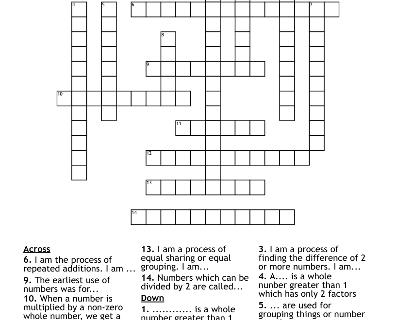 Mathematics Chapter One Whole Numbers Crossword WordMint