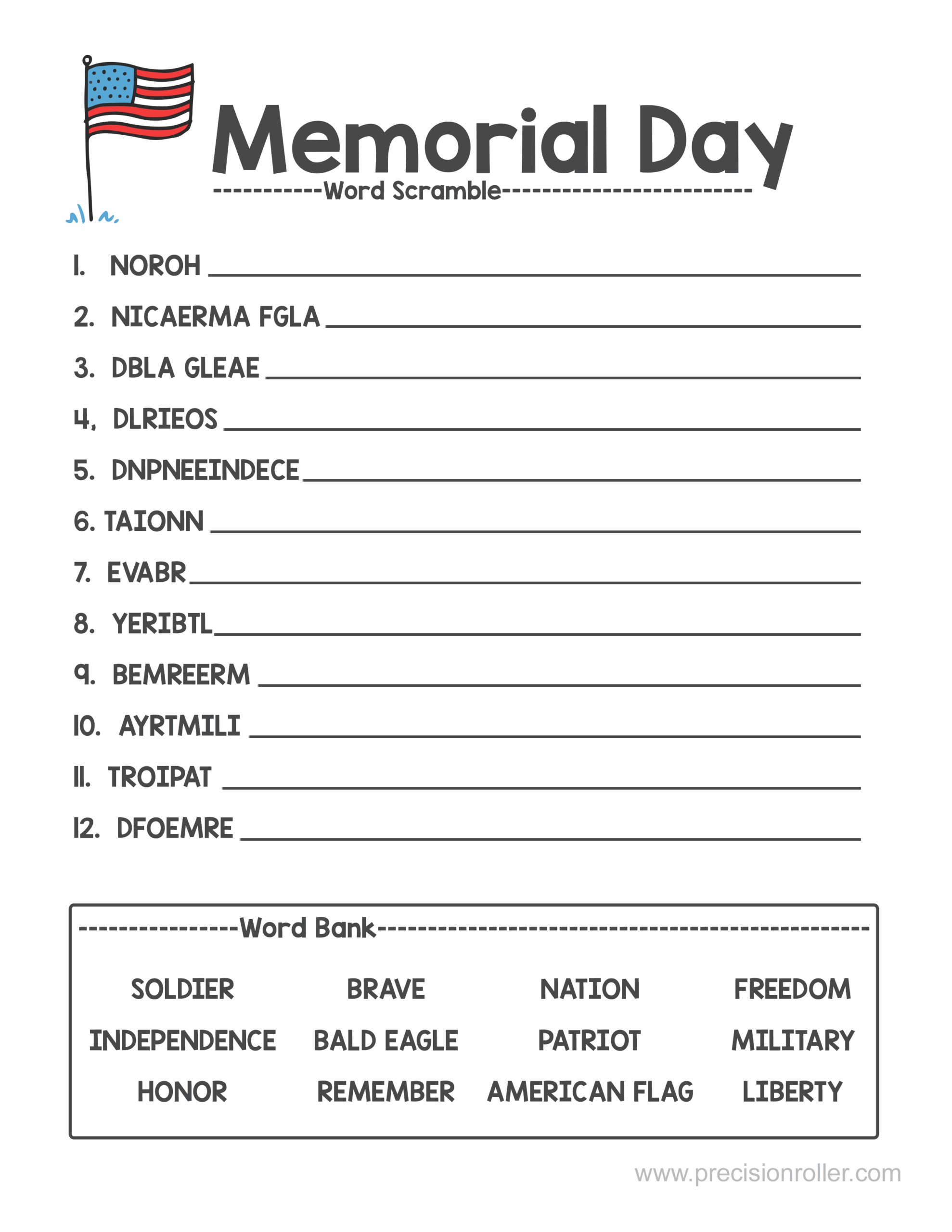 Memorial Day Themed Word Scramble Precision Printables Memorial Day Themed Word Scramble Precision Printables