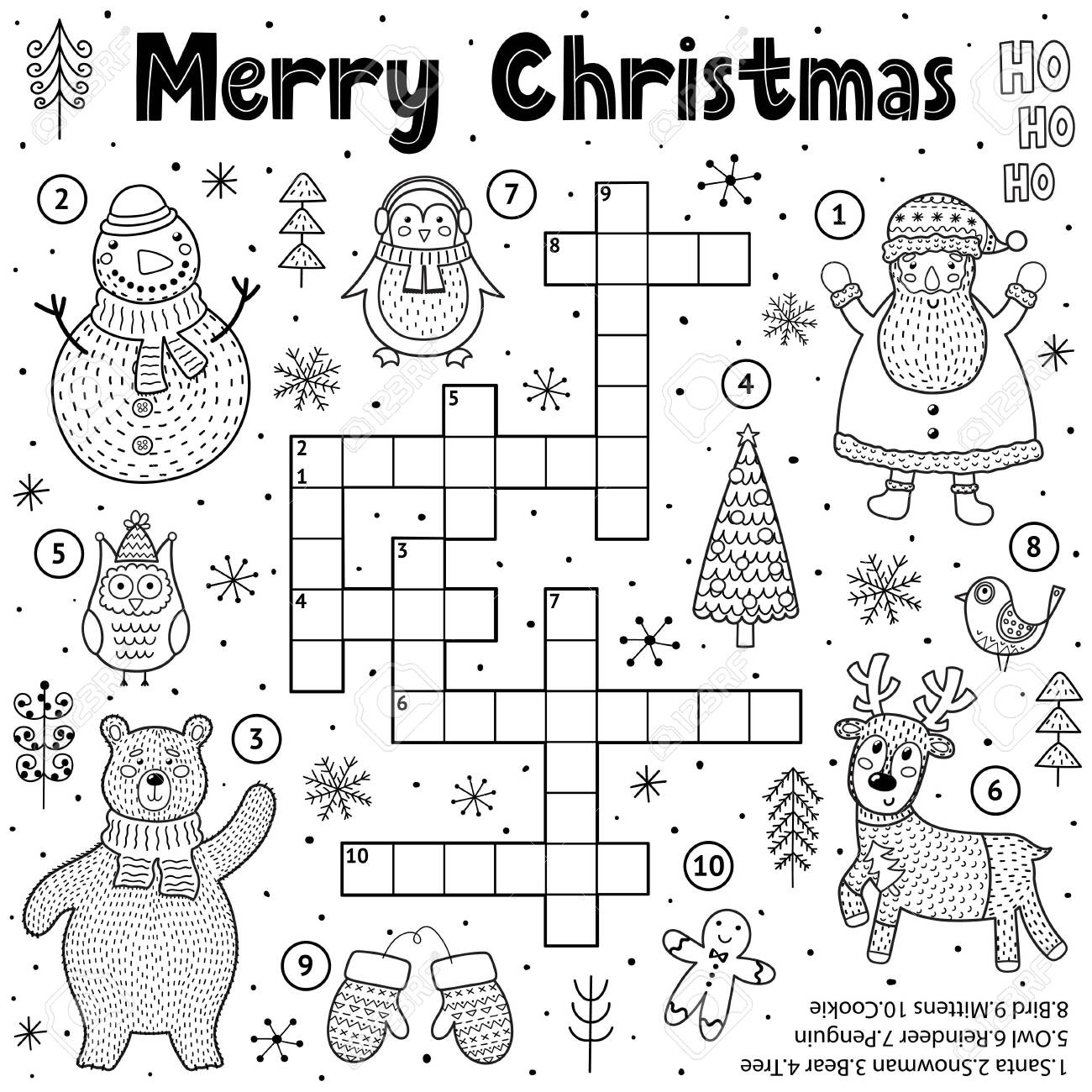 Merry Christmas Crossword Game For Kids Black And White Educational Activity Page For Coloring Royalty Free SVG Cliparts Vectors And Stock Illustration Image 138341938 