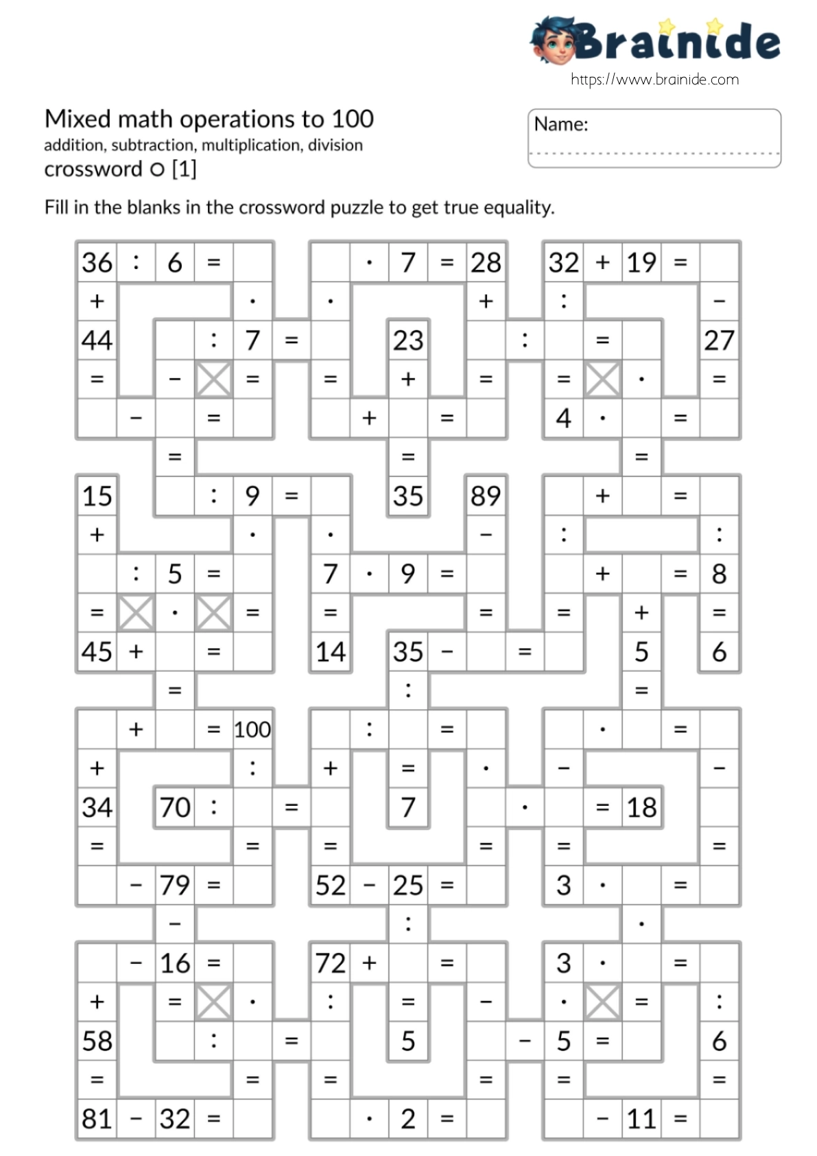 Mixed Math Operations To 100 Back to School Crossword Printable Mixed Math Operations To 100 Back to School Crossword Printable