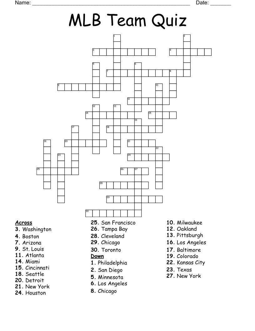 MLB Team Quiz Crossword WordMint MLB Team Quiz Crossword WordMint
